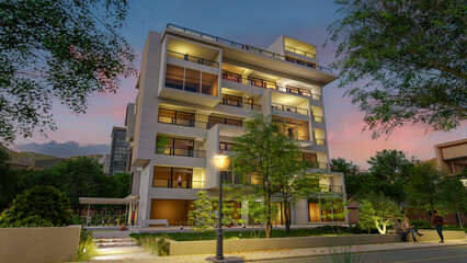 Fototapete - Modern new apartment block in the evening