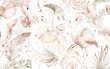 seamless watercolor pattern with tropical leaves, branches. Botanical tile with flamingo, background.