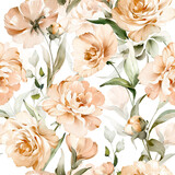 Fototapeta  - seamless floral watercolor pattern with garden pink flowers roses, peonies, leaves, branches. Botanic tile, background.