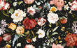 Leinwandbild Motiv seamless floral watercolor pattern with garden pink flowers roses, peonies, leaves, branches. Botanic tile, background.
