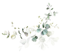 Set Watercolor Arrangements With Garden Herbs. Collection Leaves, Branches. Botanic Illustration Isolated On White Background.