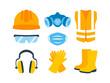 Work personal protective equipment and clothing icon set vector. Occupational safety and health icon set isolated on a white background. Industrial work wear and tools vector