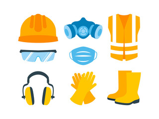 Work personal protective equipment and clothing icon set vector. Occupational safety and health icon set isolated on a white background. Industrial work wear and tools vector
