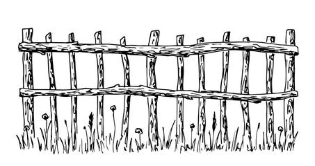 Simple hand drawn black outline vector drawing. Ink sketch, doodle. Rural wooden fence, wattle. Dividing, protection farm fields.