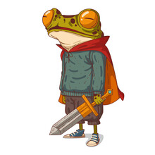 A Prince Frog, Isolated Vector Illustration. Young Casually Dressed Anthropomorphic Frog Wearing A Red Cape And Holding A Massive Sword. A Fairytale Frog Knight. An Animal Character With A Human Body.