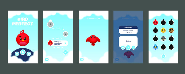 Set of interface elements for a mobile game. The UI asset has standard tabs with menu, pause, settings and a set of elements to create your own tabs.