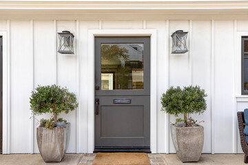 Front door, a door with a large window.. Grey and white are the colors