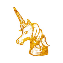 Hand Drawn Gold Foil Texture Unicorn. Vector Illustration Animal.