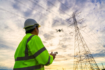 Wall Mural - asian engineer location use drone to fly inspections at the electric power station to view the plann