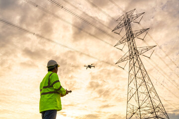 Wall Mural - engineer location use drone to fly inspections at the electric power station to view the planning wo
