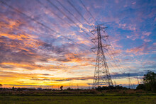 High Voltage Pole Sunset Clouds Sky Background, High Voltage Tower.
