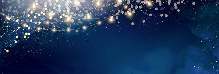 Magic night dark blue banner with sparkling glitter bokeh and line art