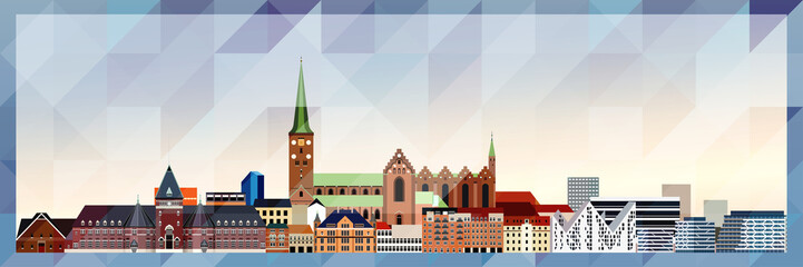 aarhus skyline vector colorful poster on beautiful triangular texture background