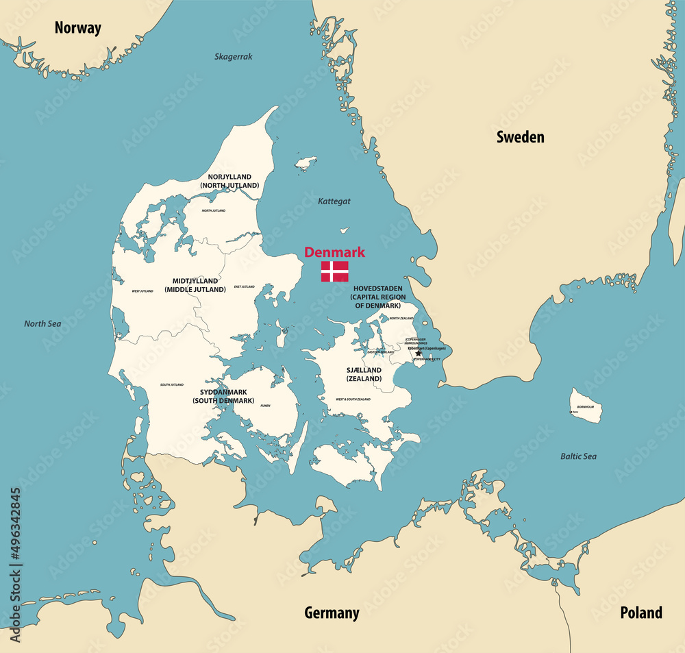 Denmark regions vector map with main cities and with neighbouring ...