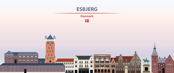 Fototapete - Esbjerg cityscape on sunset sky background vector illustration with country and city name and with flag of Denmark