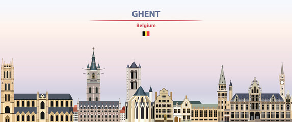 Fototapete - Ghent cityscape on sunset sky background vector illustration with country and city name and with flag of Belgium