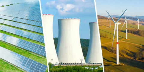 collage of green energy concept with solar cell panels, nuclear power station and windmill. renewabl