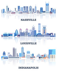 Fototapete - vector collection of United States cityscapes: Nashville, Louisville, Indianapolis skylines in tints of blue color palette. Сrystal aesthetics style