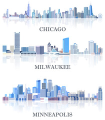 Fototapete - vector collection of United States cityscapes: Chicago, Milwaukee, Minneapolis skylines in tints of blue color palette. Сrystal aesthetics style