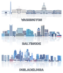 Fototapete - vector collection of United States cityscapes: Washington, Baltimore, Philadelphia skylines in tints of blue color palette. Сrystal aesthetics style