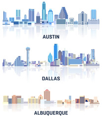 Fototapete - vector collection of United States cityscapes: Austin, Dallas, Albuquerque skylines in tints of blue color palette. Сrystal aesthetics style