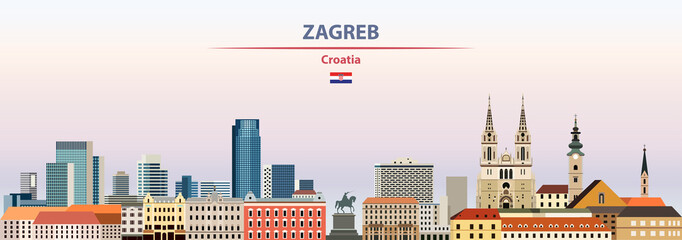 Fototapete - Zagreb cityscape on sunset sky background vector illustration with country and city name and with flag of Croatia