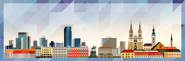 Fototapete - Zagreb skyline vector colorful poster on beautiful triangular texture background