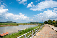 Lanscape Riverside Of Mae Khong River And Mountain Views Border Of Thailand And Laos At Chiang Khan In Loei Province, Thailand.