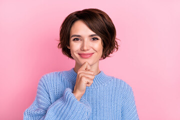 Sticker - Portrait of adorable pretty cute business lady brainstorming find solution make plan isolated on pink color background