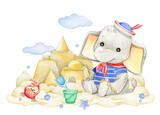 Fototapeta Dziecięca - cute elephant, sand castle, crab, sand. Watercolor clipart, in cartoon style, on an isolated background.