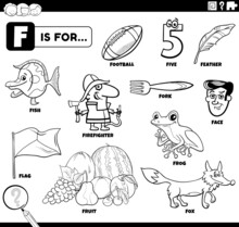 Letter F Words Educational Set Coloring Book Page