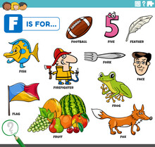 Letter F Words Educational Set With Cartoon Characters