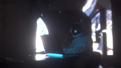 Wall Mural - astronaut works on his laptop in futuristic spaceship. futuristic astronaut concept. 3d illustration
