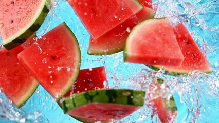 Poster - Super Slow Motion Shot of Falling Fresh Watermelon Slices into Water