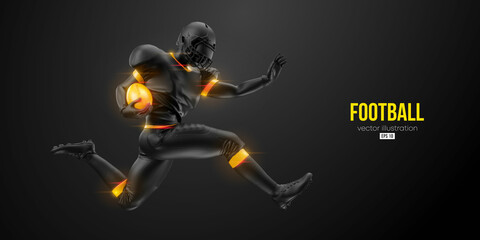 Realistic silhouette of a NFL american football player man in action isolated black background. Vector illustration