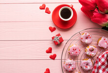 Valentines Day Brackfast With Coffe And Donuts Isolated On Pink Wooden Background