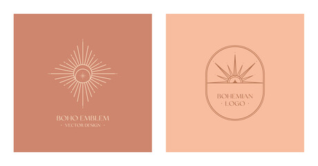 Wall Mural - Set of vector bohemian logo design templates with sun,crescent moon,star and sunburst.Boho linear icons or symbols in trendy minimalist style.Modern celestial emblems.Branding design templates.