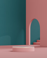 Wall Mural - Peach and teal podium in modern background for product placement 3d render