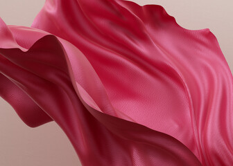elegant cosmetic product presentation with wrap up cloth. floating red pink silk textile in air, dyn