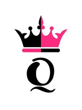 Queen Crown Pink Black Vector Calligraphy Design.Q Alphabet Letter .Tiara Diadem Silhouette Drawing .Princess.Female T Shirt Print. Cricut Plotter Laser Cutting.Logo.Vinyl Wall Sticker Decal. DIY Art.