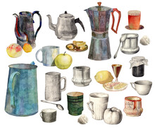 Set From Watercolor Still Life Illustrations With Domestic Crockery, Coffee Pot, Tea Cup, Antique Porcelain Sugar Bowl, Lemon, Apple Fruits Isolated On A White Background 