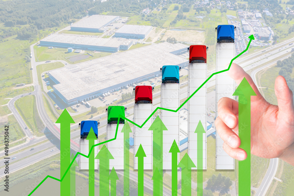 Business hand growth chart of transport business with supply chain