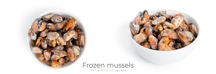 Wall Mural - Frozen mussels isolated on a white background.