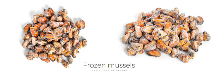 Wall Mural - Frozen mussels isolated on a white background.