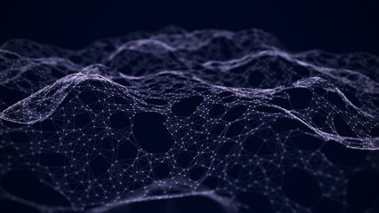 Fototapete - Low poly shape with connecting dots and lines on dark purple background. Abstract polygonal space, dark background with connecting dots and lines. 3d rendering. Big data visualization.