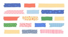 Washi Tape With Cute Patterns, Adhesive Scotch Stripes For Scrapbooking. Japanese Masking Tapes With Dots, Stars And Hearts, Colorful Mask Strips For Scrapbook Decor Vector Set
