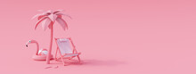 Beach Chair And Pink Flamingo Under A Palm Tree On Pink Background. Creative Minimal Summer Concept Idea 3D Render 3D Illustration