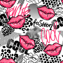 Abstract Seamless Fashion Pattern For Girl. Style Modern Background With  Lips, Words, Graffiti