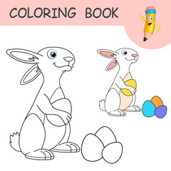 Wall Mural - Coloring book with funny cartoon easter Bunny and eggs. Colorless and color samples of Rabbit and Easter eggs. Happy Easter. Spring holiday. Template of coloring page or practice worksheet for kids.