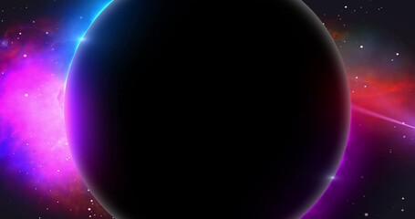 Wall Mural - a silhouetted planet floats in a colorful nebulae in space creating a circular frame for titles, tex